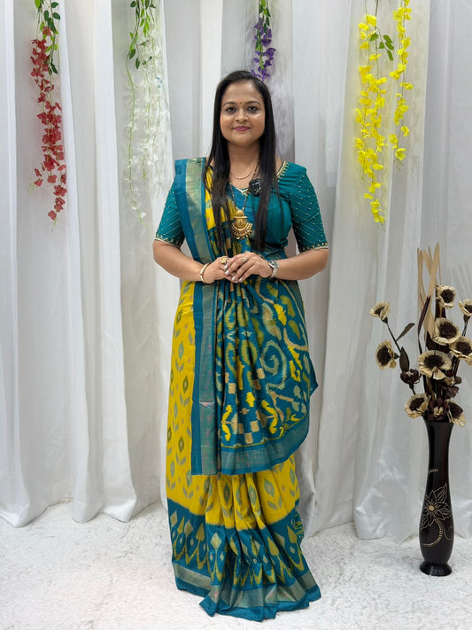 Elegant Teal & Mustard Yellow Soft Cotton Silk Saree with Traditional Ikat Design