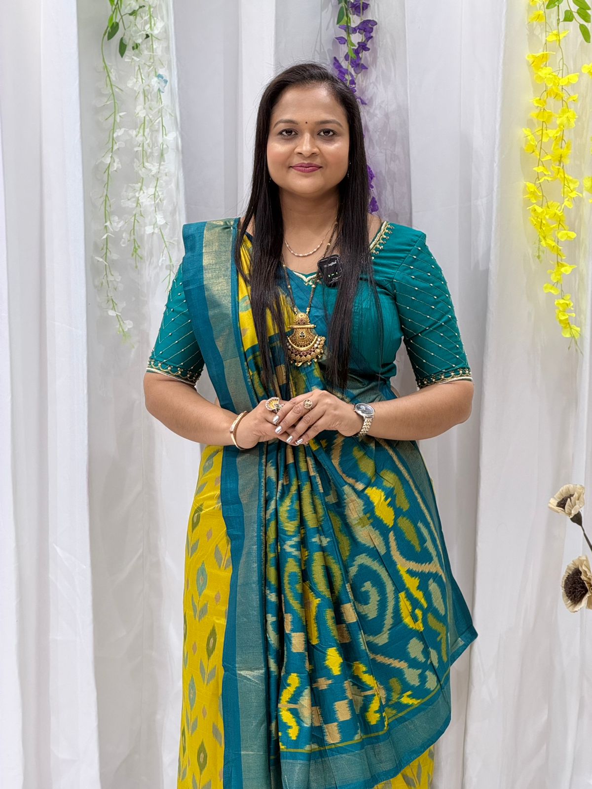 Elegant Teal & Mustard Yellow Soft Cotton Silk Saree with Traditional Ikat Design