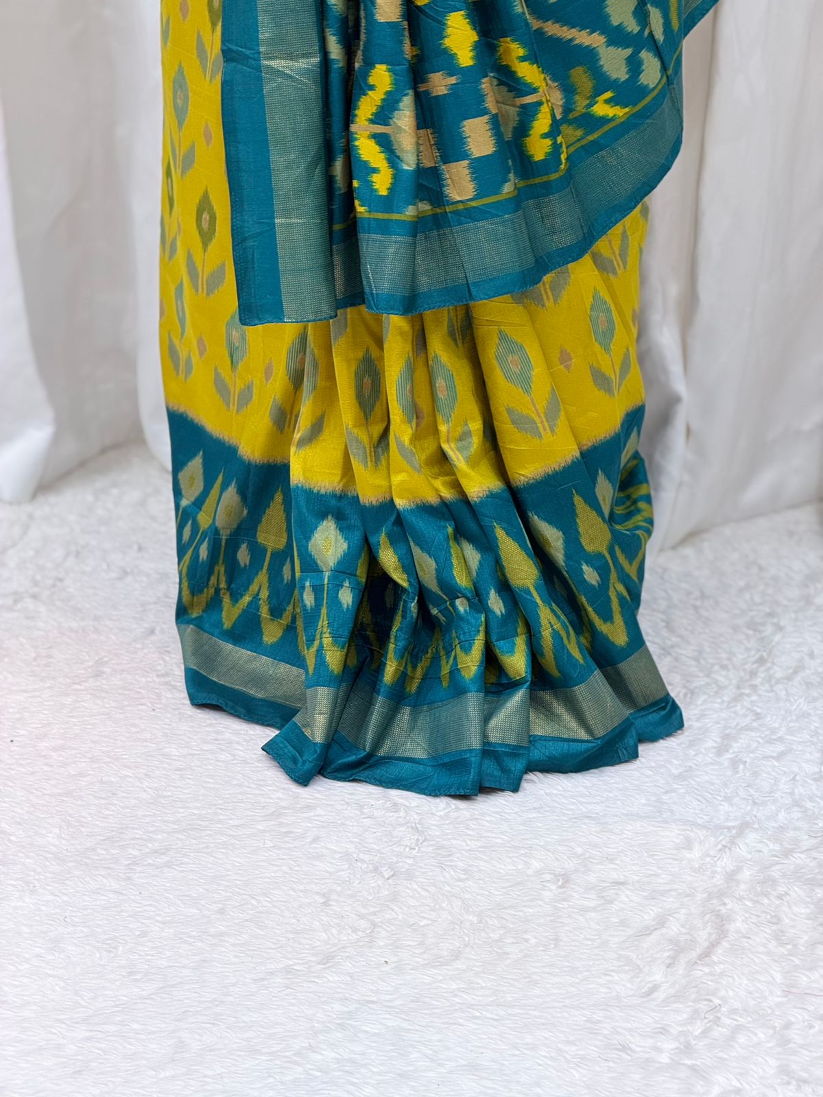 Elegant Teal & Mustard Yellow Soft Cotton Silk Saree with Traditional Ikat Design
