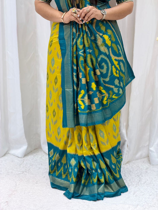 Elegant Teal & Mustard Yellow Soft Cotton Silk Saree with Traditional Ikat Design