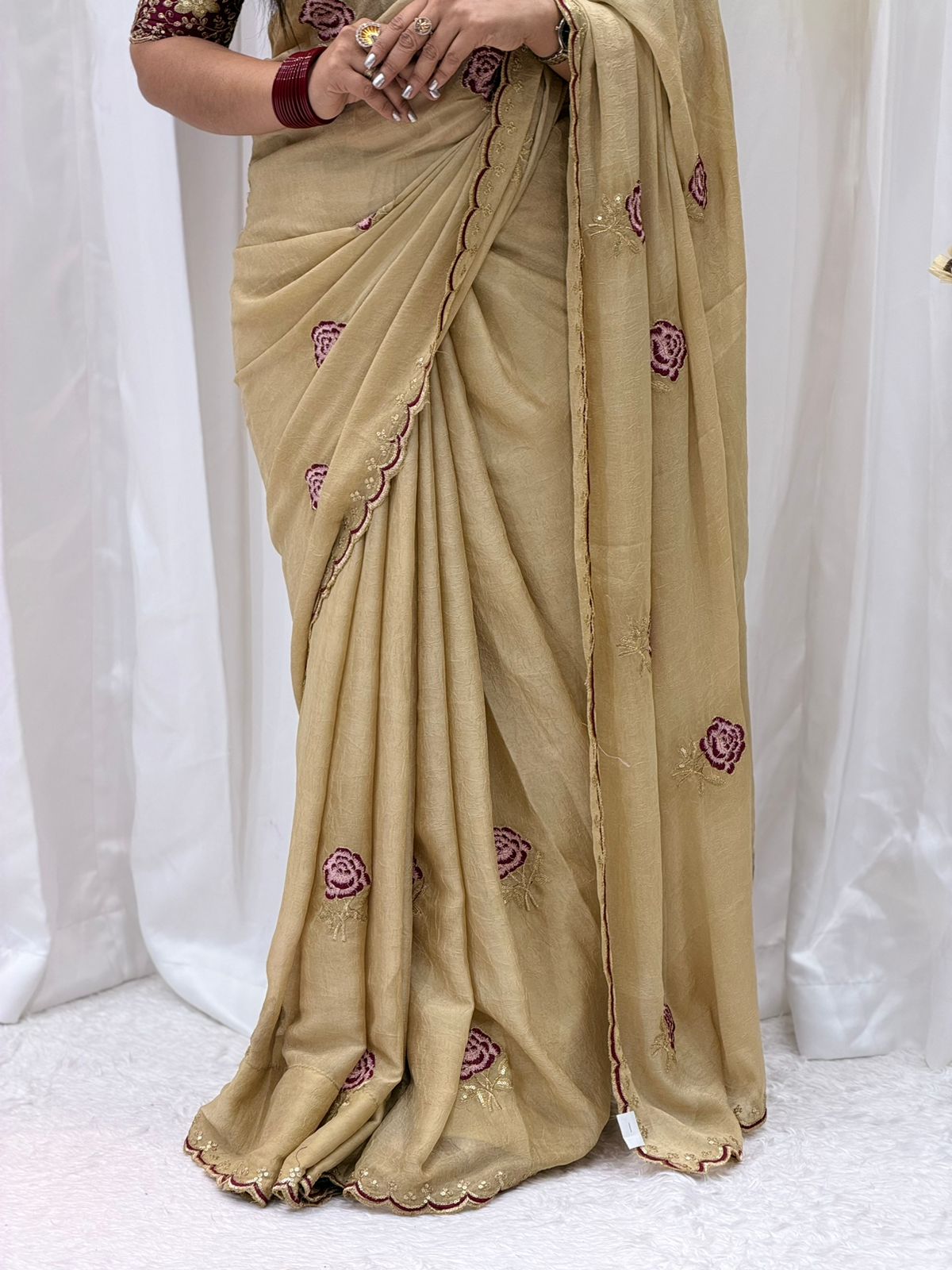Elegant Beige Embroidered Saree with Designer Maroon Blouse – Festive & Party Wear