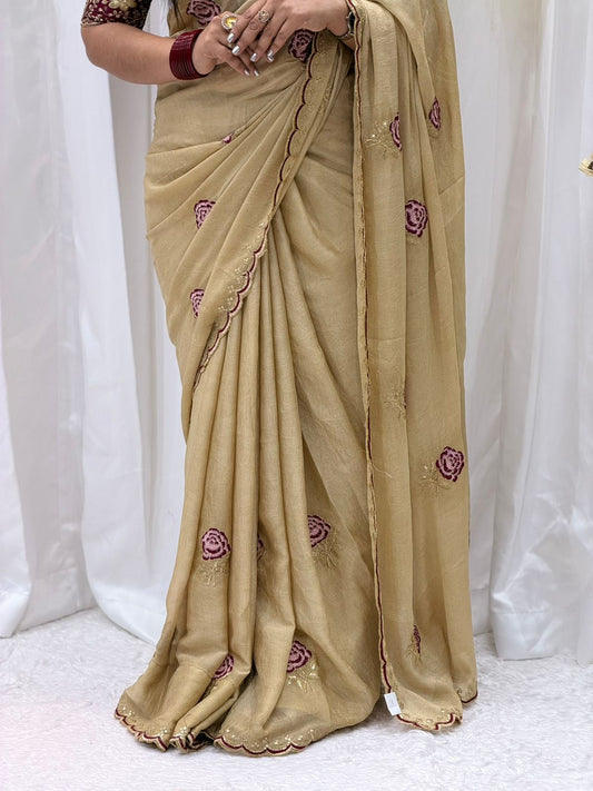 Elegant Beige Embroidered Saree with Designer Maroon Blouse – Festive & Party Wear