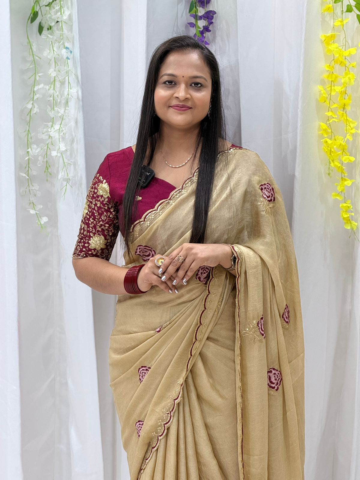 Elegant Beige Embroidered Saree with Designer Maroon Blouse – Festive & Party Wear