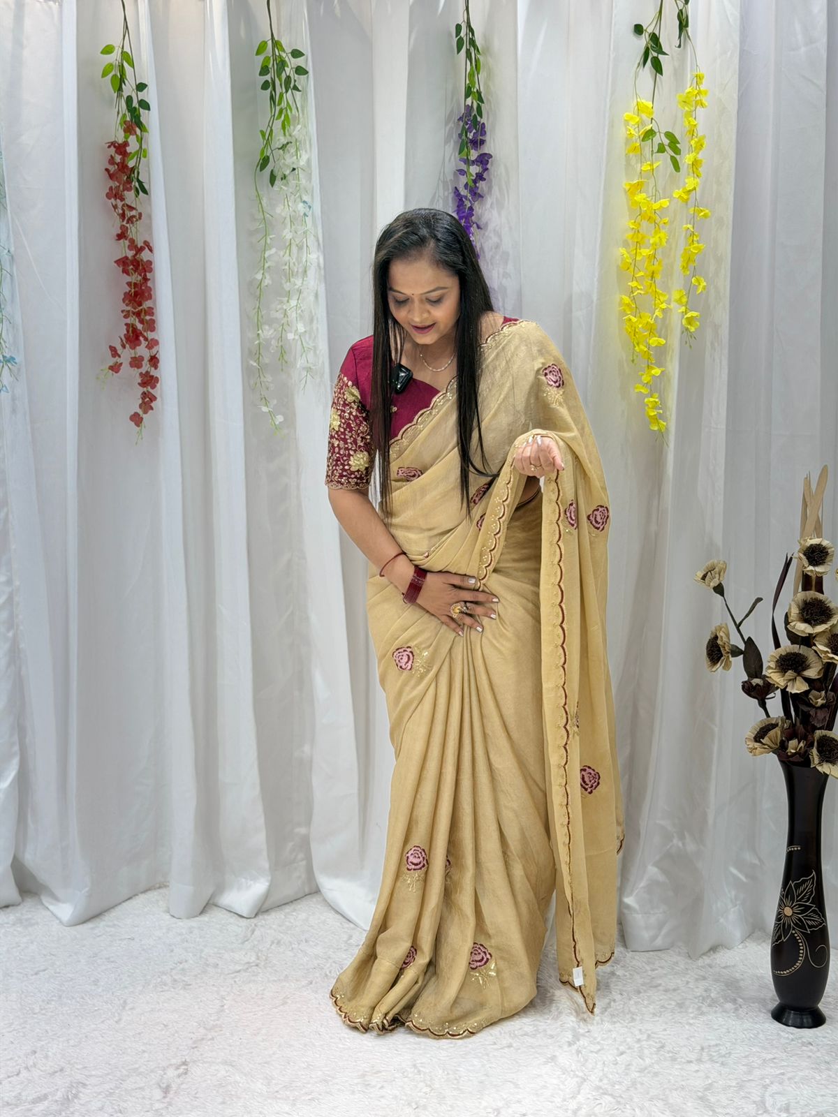 Elegant Beige Embroidered Saree with Designer Maroon Blouse – Festive & Party Wear