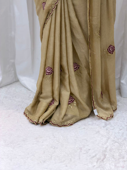 Elegant Beige Embroidered Saree with Designer Maroon Blouse – Festive & Party Wear