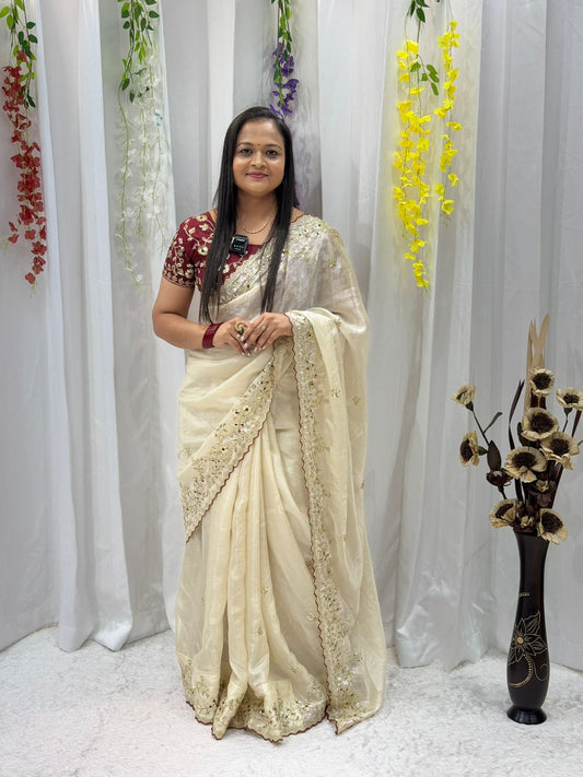 Royal Ivory Embroidered Silk Saree with Elegant Handwork Border
