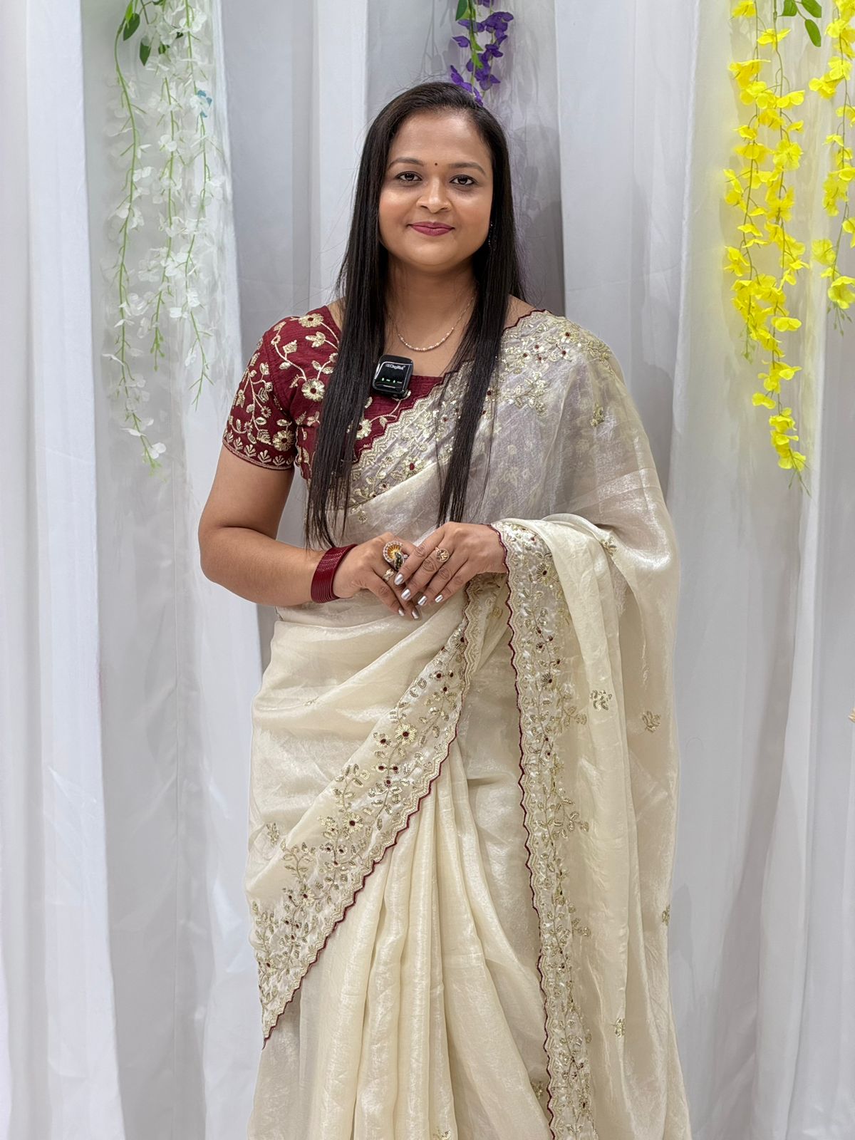 Royal Ivory Embroidered Silk Saree with Elegant Handwork Border