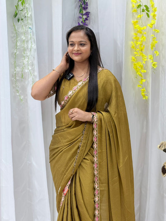 Elegant Mustard Silk Blend Saree with Floral Embroidered Border