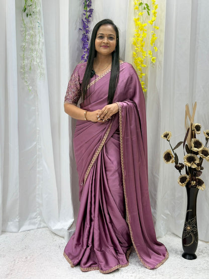 Elegant Dusty Rose Silk Satin Saree with Minimal Gold Border & Designer Blouse
