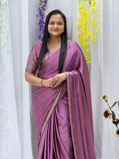 Elegant Dusty Rose Silk Satin Saree with Minimal Gold Border & Designer Blouse