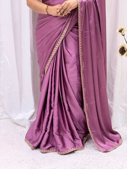 Elegant Dusty Rose Silk Satin Saree with Minimal Gold Border & Designer Blouse