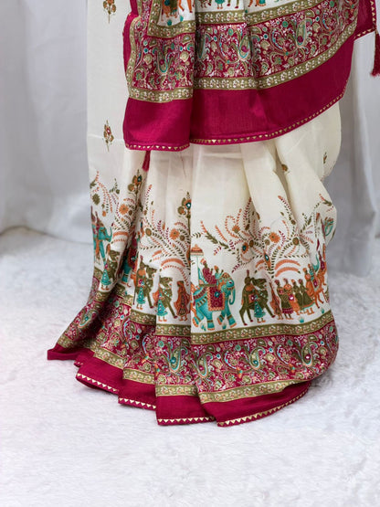 Royal Cream & Rani Pink Printed Saree with Traditional Elephant Border & Rich Pallu