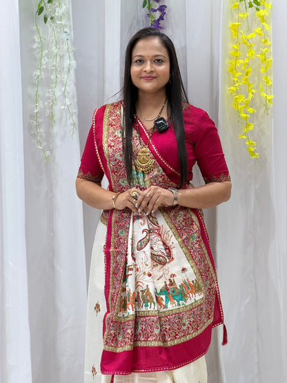 Royal Cream & Rani Pink Printed Saree with Traditional Elephant Border & Rich Pallu