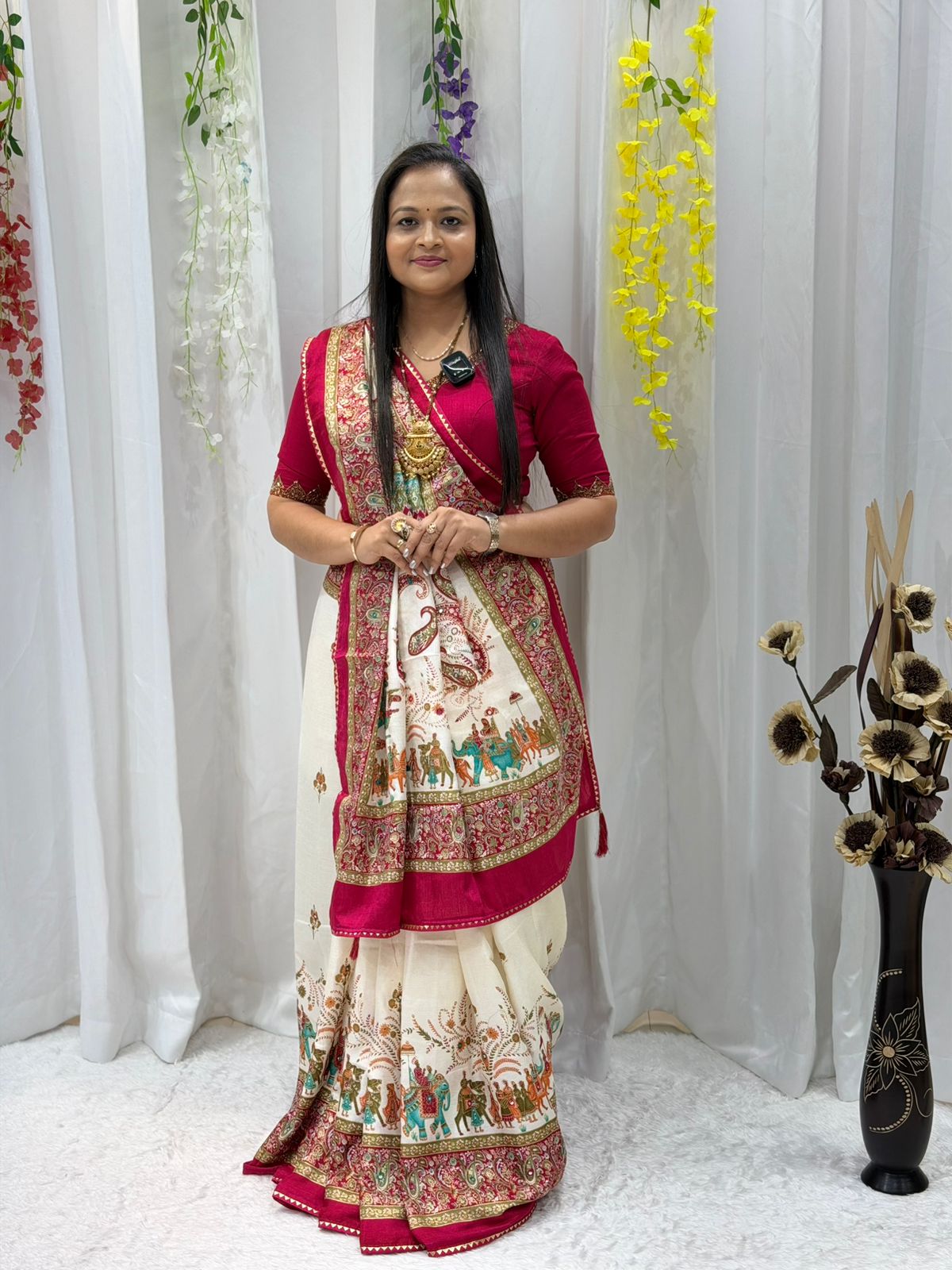 Royal Cream & Rani Pink Printed Saree with Traditional Elephant Border & Rich Pallu