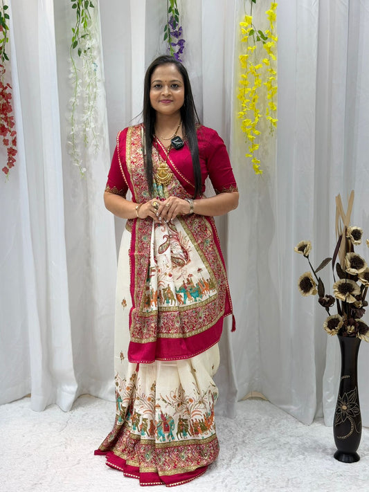 Royal Cream & Rani Pink Printed Saree with Traditional Elephant Border & Rich Pallu