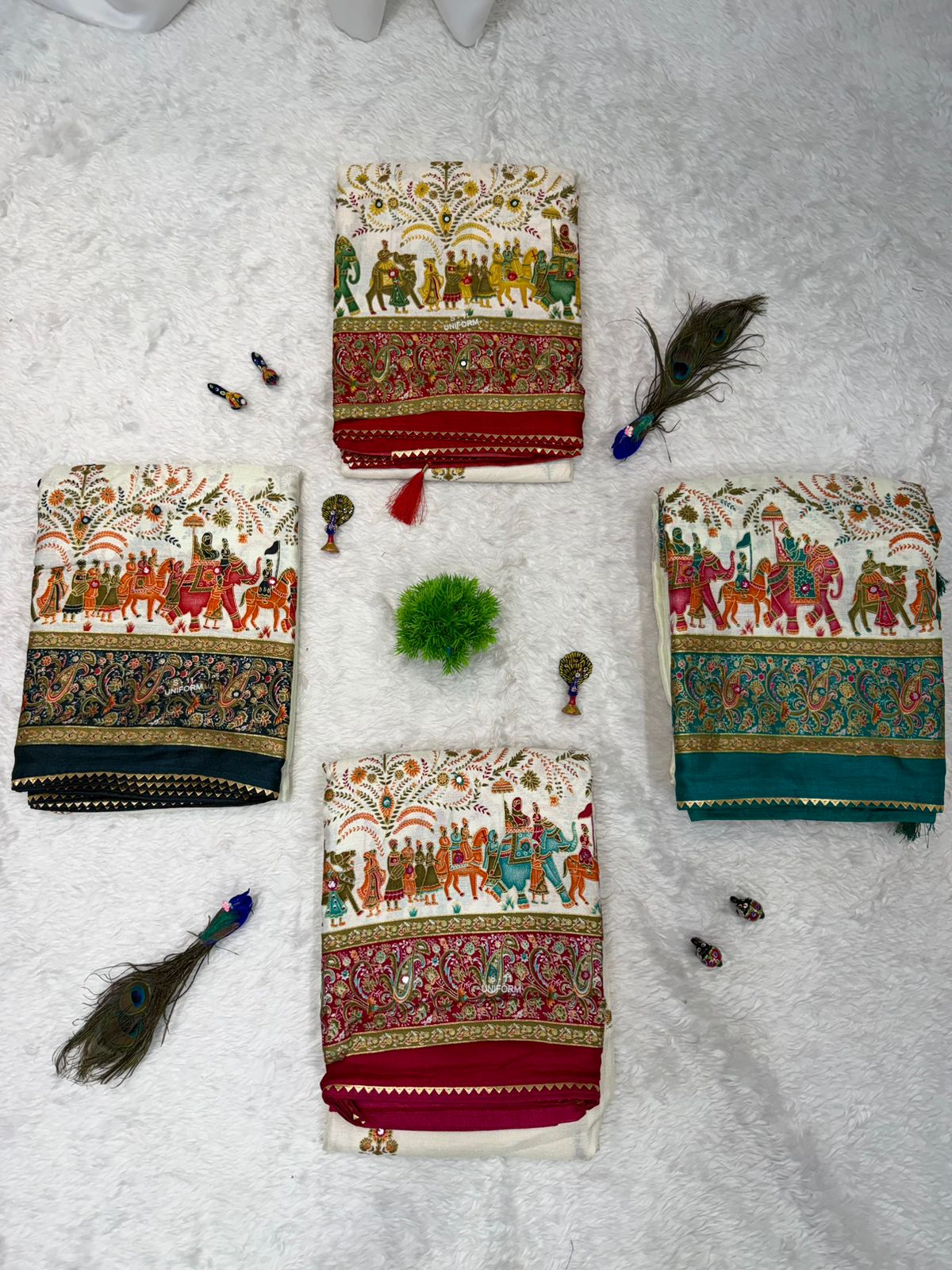 Royal Cream & Rani Pink Printed Saree with Traditional Elephant Border & Rich Pallu