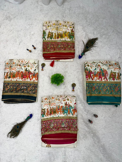 Royal Cream & Rani Pink Printed Saree with Traditional Elephant Border & Rich Pallu