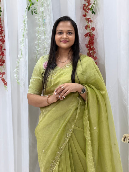 Elegant Lime Green Organza Saree with Delicate Embroidery Border
