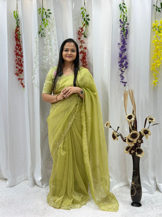 Elegant Lime Green Organza Saree with Delicate Embroidery Border