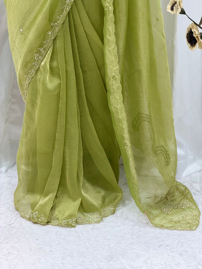 Elegant Lime Green Organza Saree with Delicate Embroidery Border