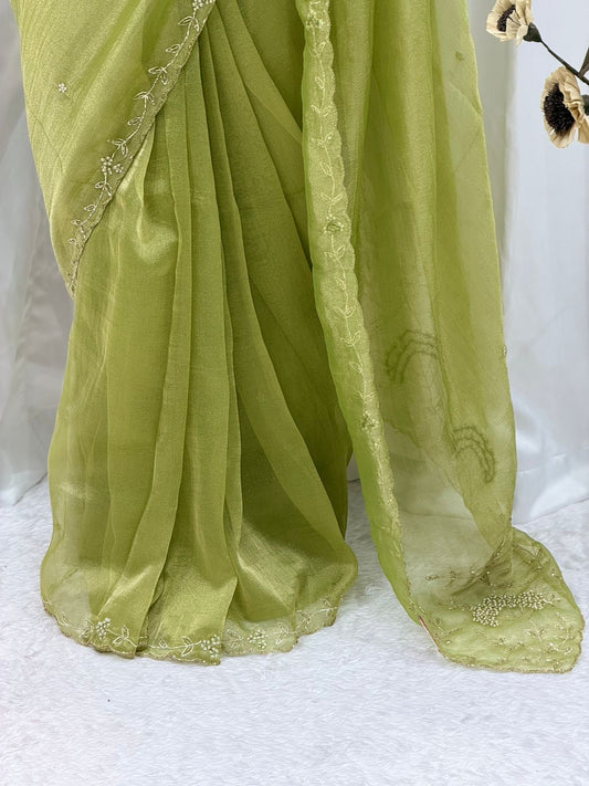 Elegant Lime Green Organza Saree with Delicate Embroidery Border