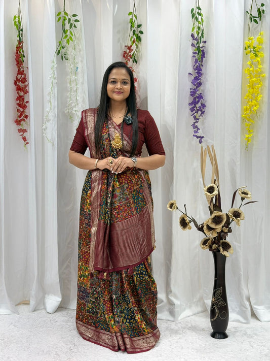 Traditional Patchwork Style Saree with Maroon Zari Pallu
