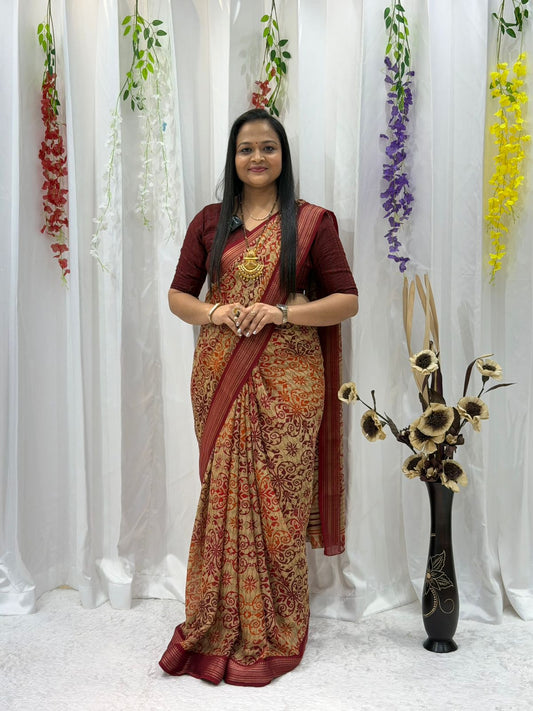 Royal Beige & Maroon Printed Saree with Elegant Traditional Motifs & Rich Border