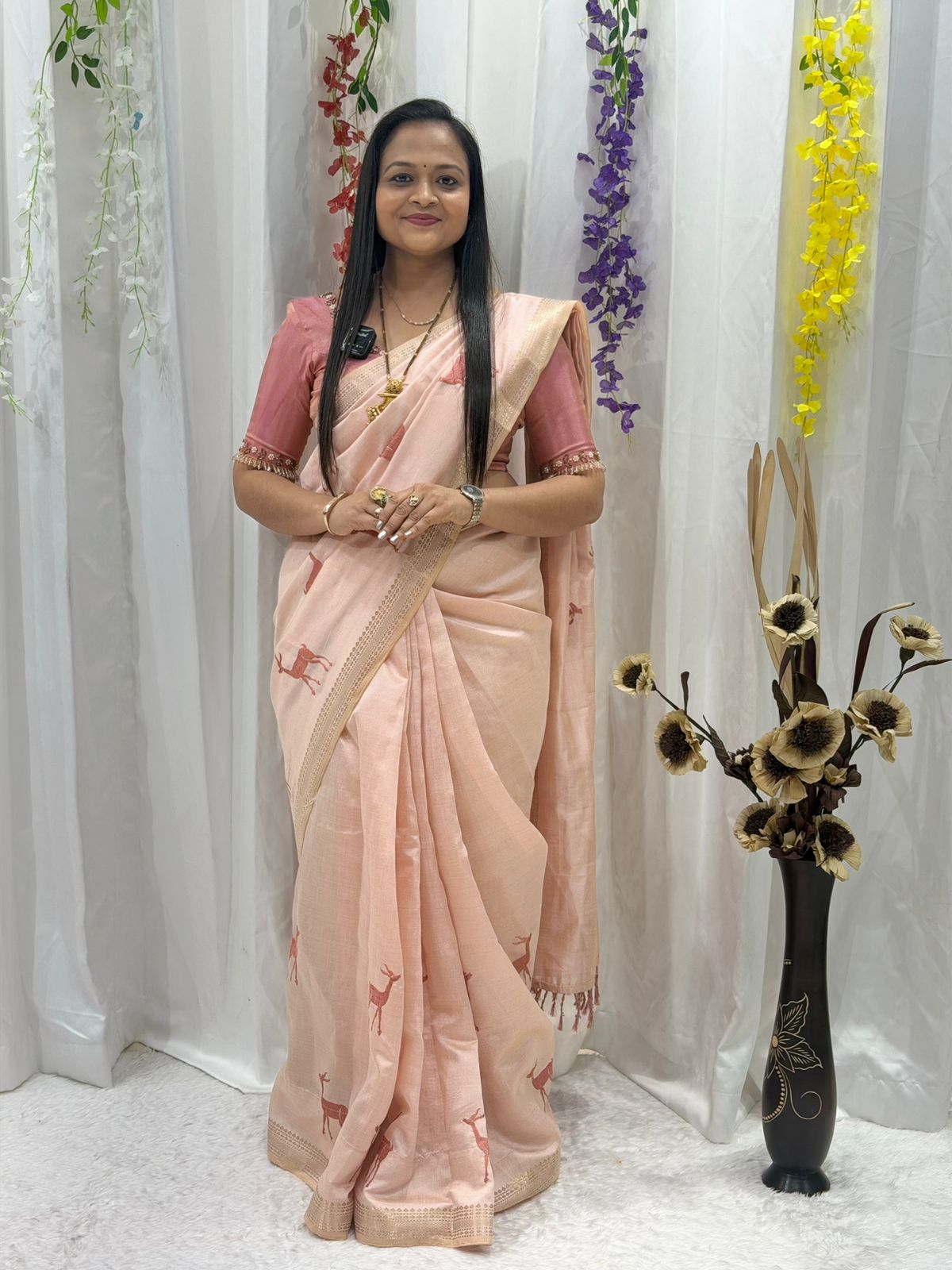 Peach Soft Cotton Saree with Minimal Deer Print & Elegant Border