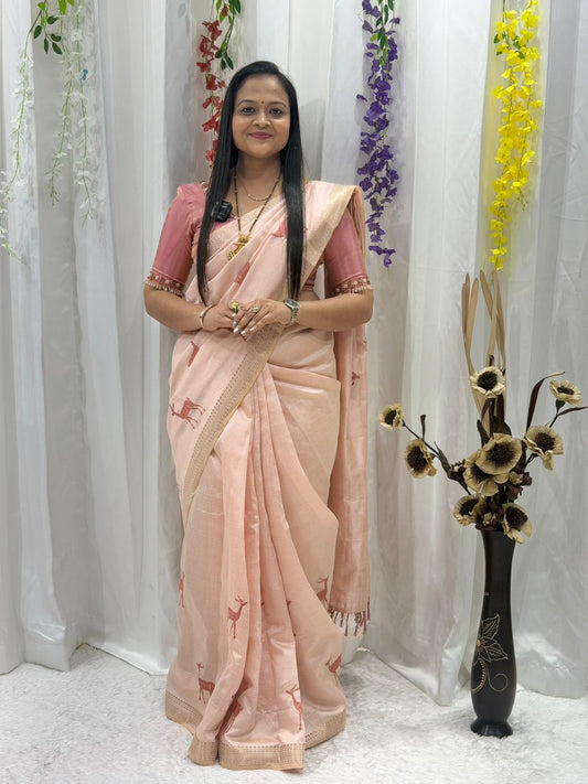 Peach Soft Cotton Saree with Minimal Deer Print & Elegant Border
