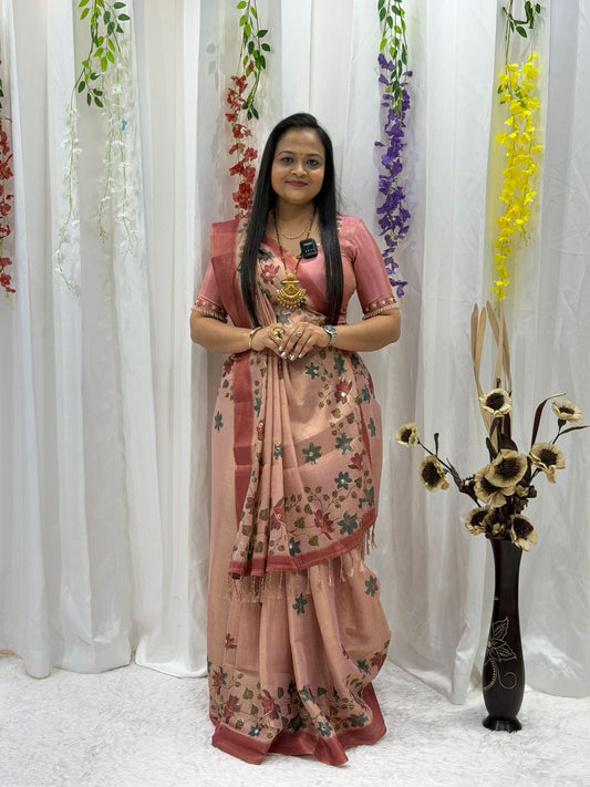 Elegant Peach Floral Soft Silk Saree with Designer Print & Rich Border