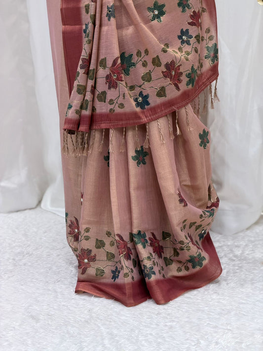 Elegant Peach Floral Soft Silk Saree with Designer Print & Rich Border