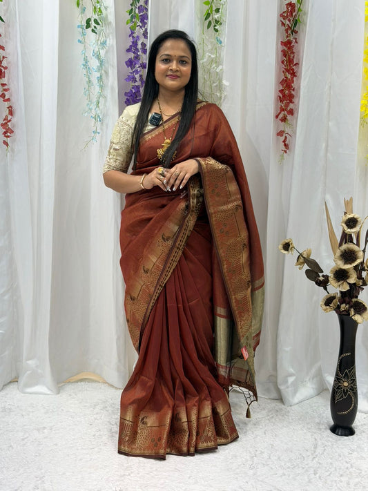 Heritage Rust Silk Saree with Intricate Zari Pallu