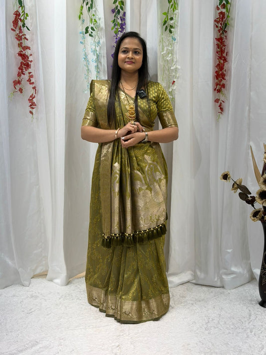 Premium Olive Green Traditional Silk Saree with Rich Gold Border