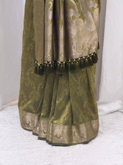 Premium Olive Green Traditional Silk Saree with Rich Gold Border