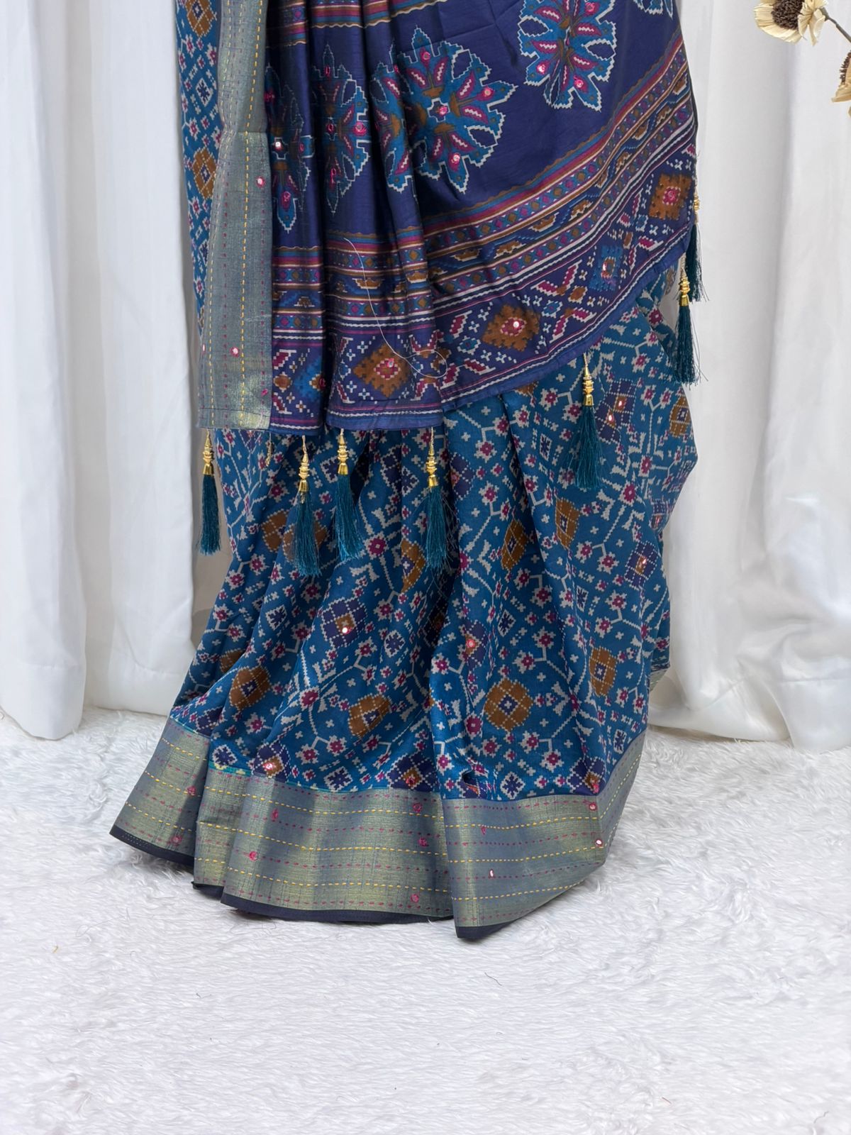 Timeless Blue Saree with Multicolor Traditional Motifs