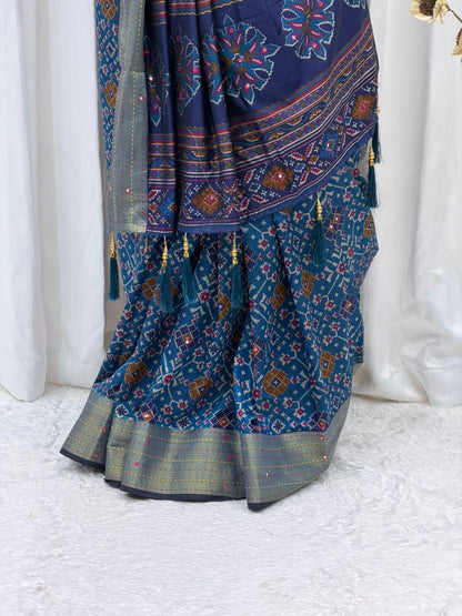 Timeless Blue Saree with Multicolor Traditional Motifs