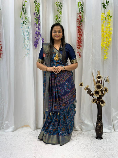 Timeless Blue Saree with Multicolor Traditional Motifs