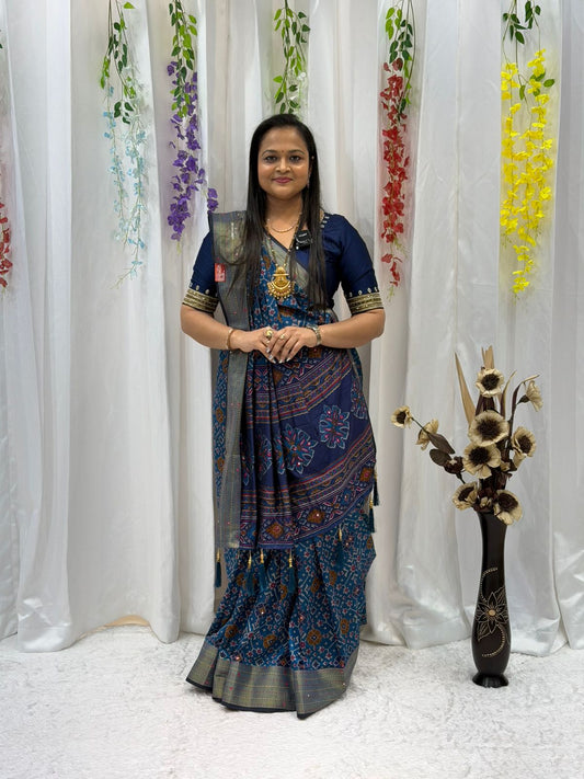 Timeless Blue Saree with Multicolor Traditional Motifs