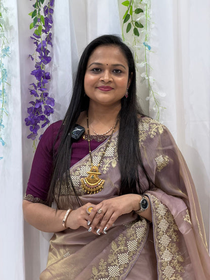 Elegant Taupe Brown Silk Saree with Rich Golden Zari Border & Designer Pallu