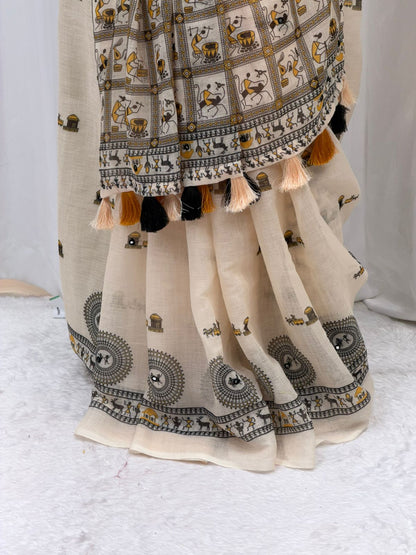 Artistic Beige Saree with Folk Print & Tassel Pallu