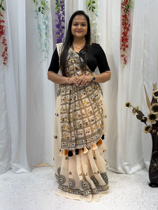 Artistic Beige Saree with Folk Print & Tassel Pallu