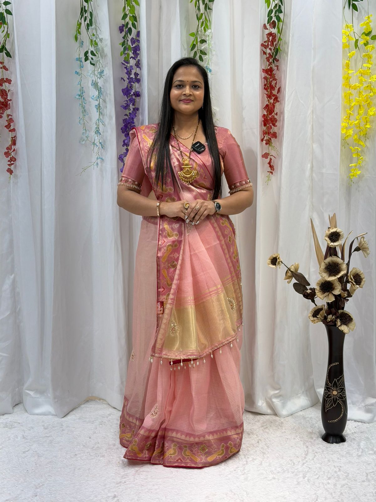 Elegant Peach Pink Soft Silk Saree with Rich Golden Zari Border & Designer Pallu