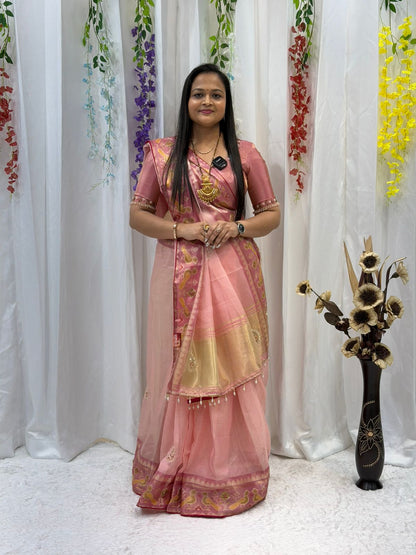 Elegant Peach Pink Soft Silk Saree with Rich Golden Zari Border & Designer Pallu