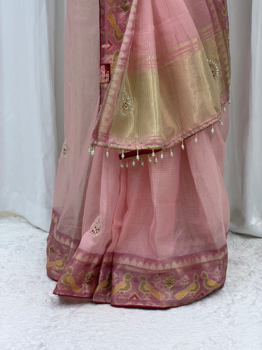 Elegant Peach Pink Soft Silk Saree with Rich Golden Zari Border & Designer Pallu