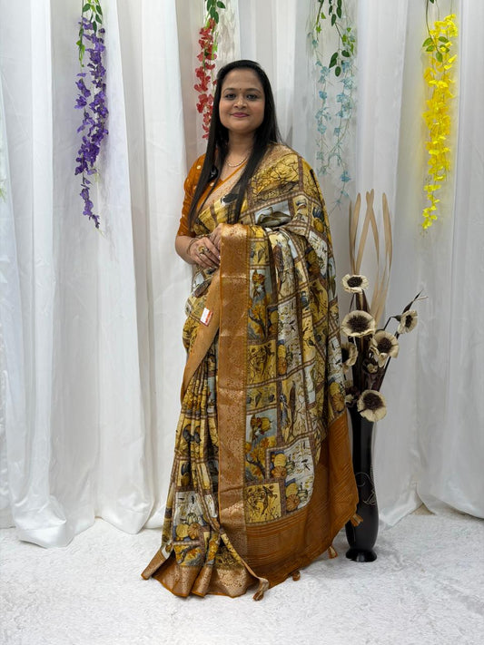 Golden Mustard Printed Silk Saree with Rich Zari Border