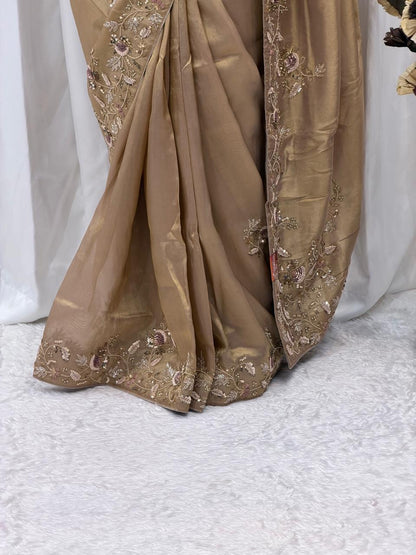 Elegant Champagne Gold Silk Saree with Hand Embroidered Floral Border