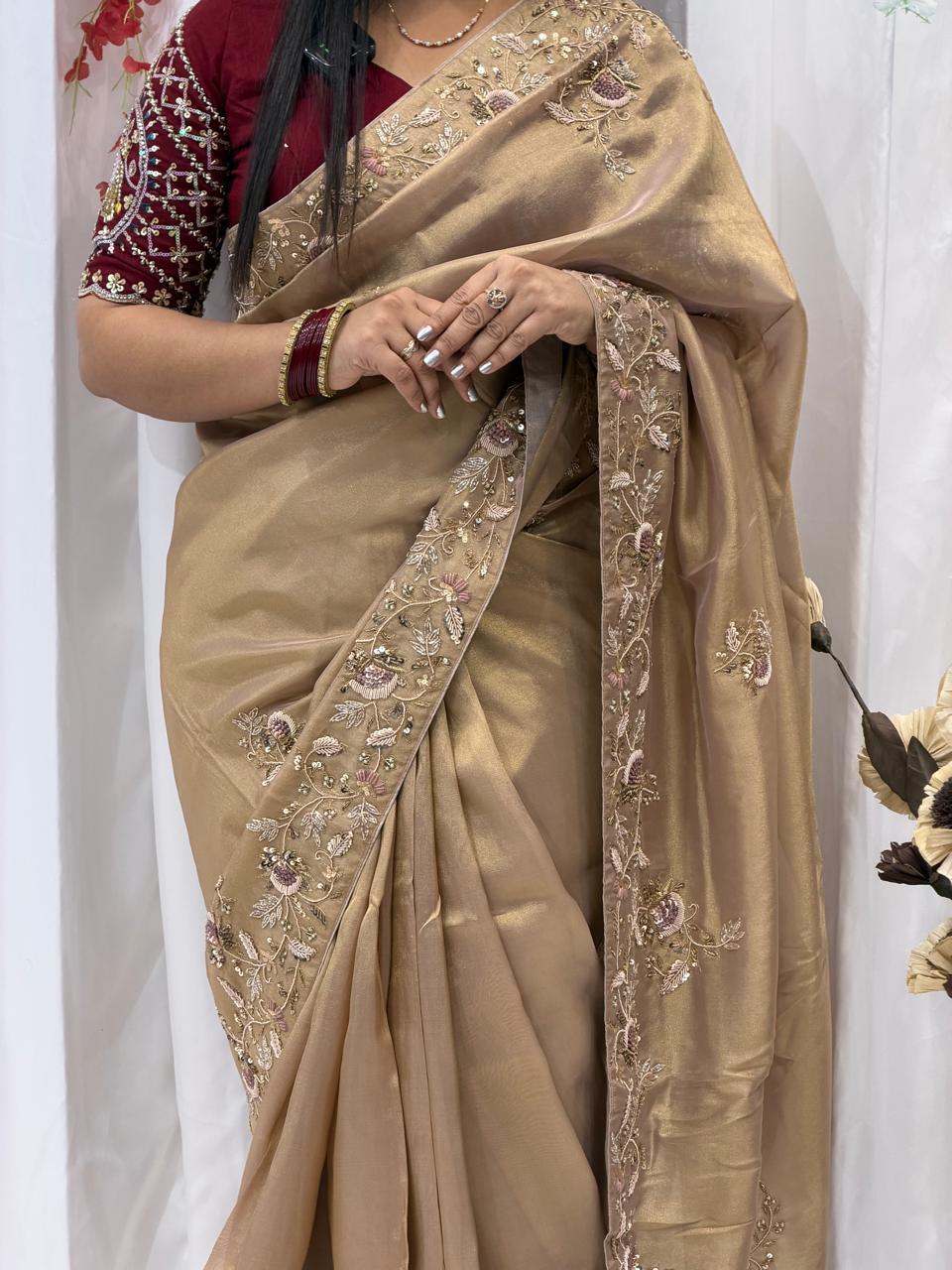 Elegant Champagne Gold Silk Saree with Hand Embroidered Floral Border