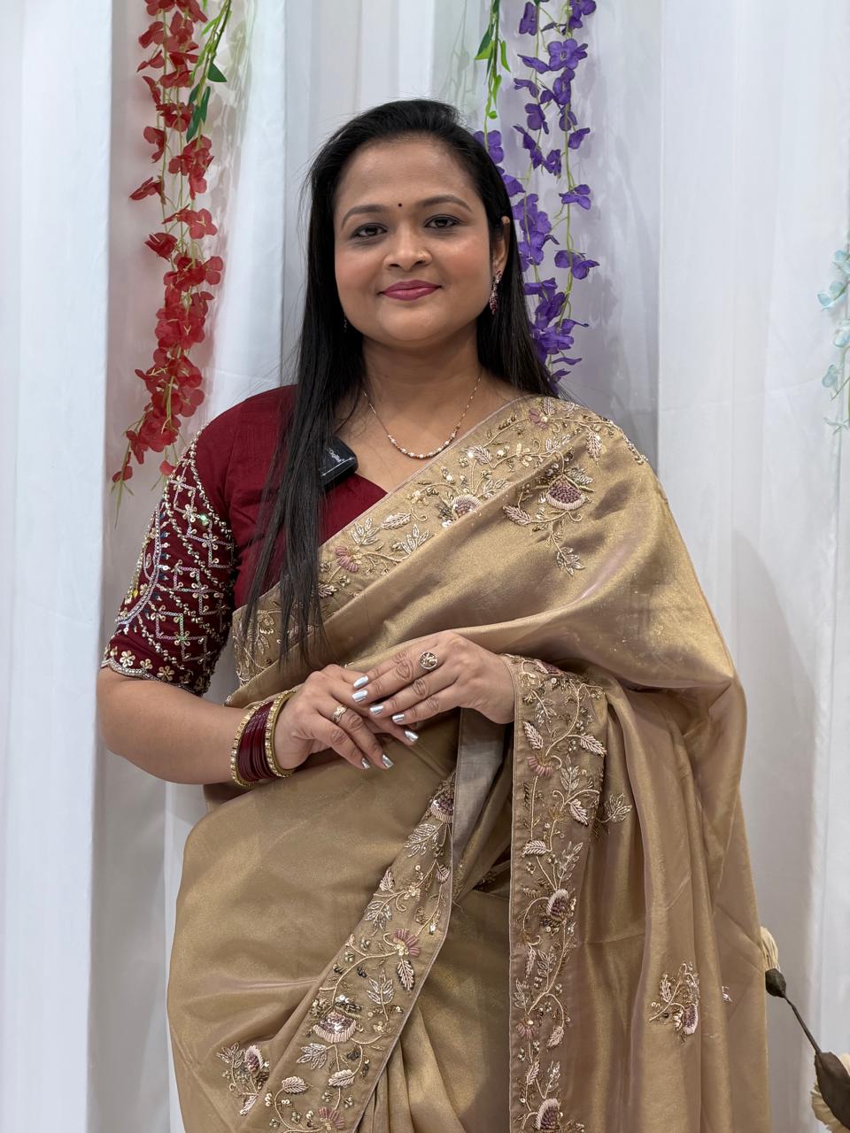 Elegant Champagne Gold Silk Saree with Hand Embroidered Floral Border