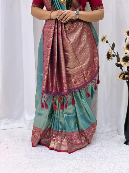 Elegant Teal & Rani Pink Banarasi Silk Saree with Rich Zari Weaving & Tassel Pallu