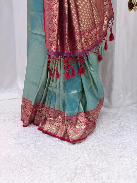 Elegant Teal & Rani Pink Banarasi Silk Saree with Rich Zari Weaving & Tassel Pallu